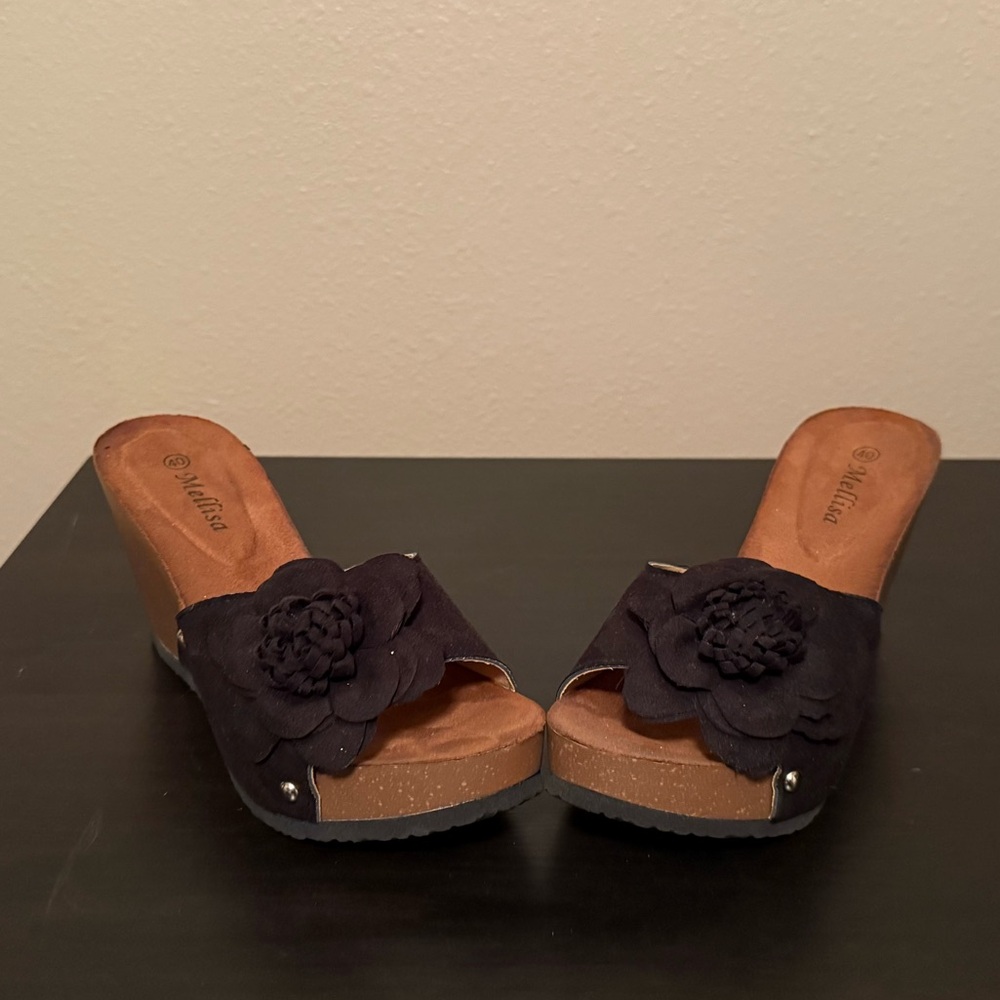 Madden Girl Black Floral Wedge Slide Sandals with Cork-Style Sole